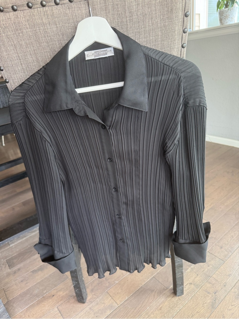 Women’s Black Pleated Button-Front Sheer Blouse with Button Sleeves